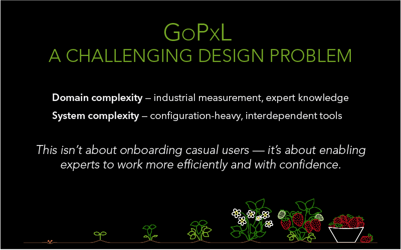 Text-visual. Title: GoPxL, A Challenging Design Problem. Content: Domain complexity — industrial measurement, expert knowledge. System complexity — configuration-heavy, interdependent tools. "It isn't about onboarding casual users — it's about enabling experts to work more efficiently and with confidence."