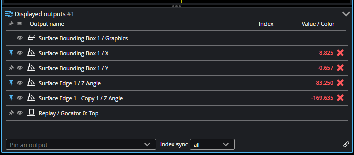 Displayed Outputs panel in GoPxL, showing multiple tool outputs pinned for inspection independently of the selected tool.