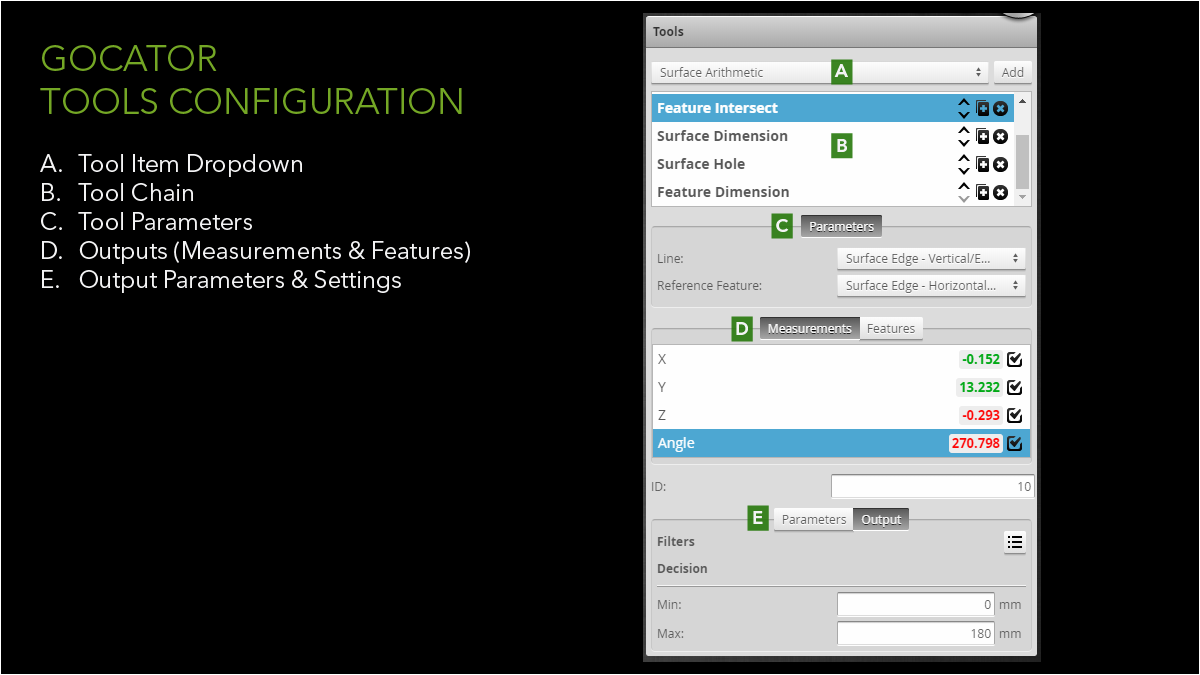 Gocator tool configuration panel, showing a rigid, list-based approach with no visual representation of tool relationships or data flow.